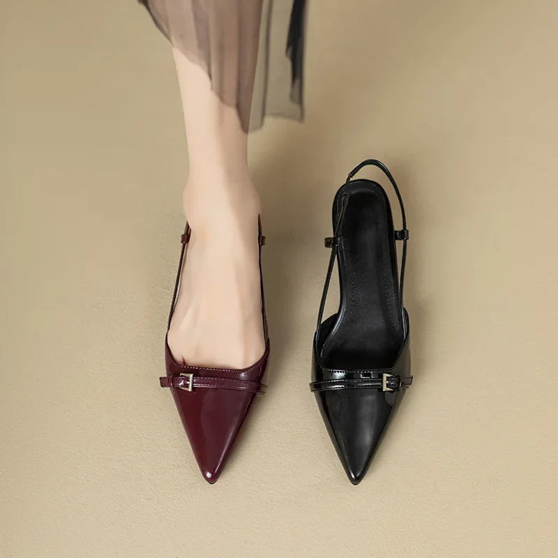 New Summer French Wine Red Pointed Patent Leather Mid-heel Overhead Sandals for Women Retro Skinny Heel Back Empty Shoes