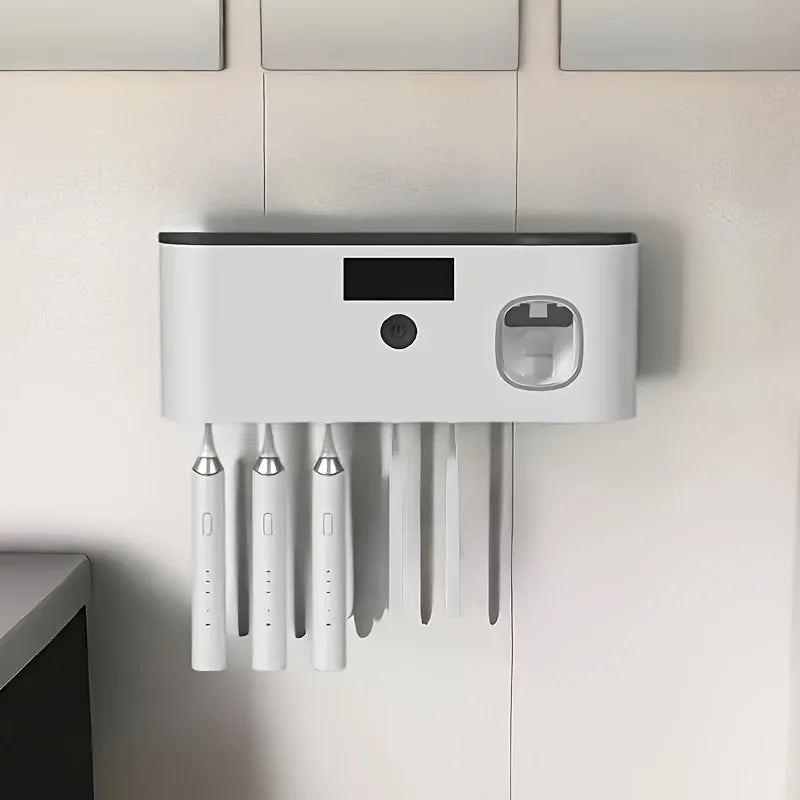 intelligent UV toothbrush sterilizer with automatic toothpaste dispenser - wall mounted, space saving, advanced UV sterilizatio