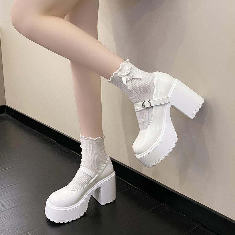 Chunky Platform High Heels Pumps Women Autumn Pu Leather Ankle Buckle Mary Jane Shoes Woman Thick Heeled White Lolita Shoes