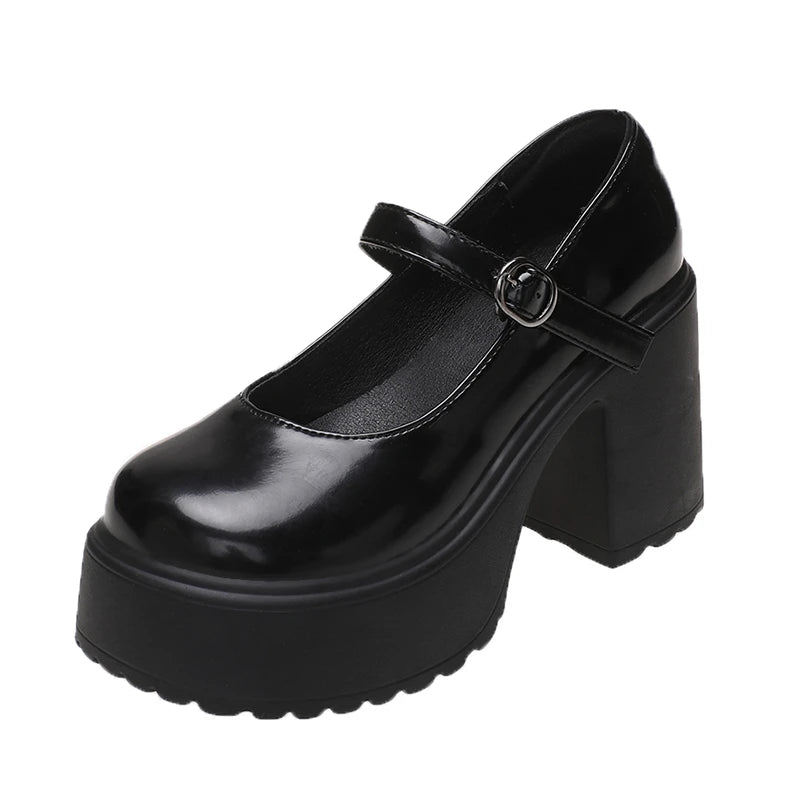 Chunky Platform High Heels Pumps Women Autumn Pu Leather Ankle Buckle Mary Jane Shoes Woman Thick Heeled White Lolita Shoes