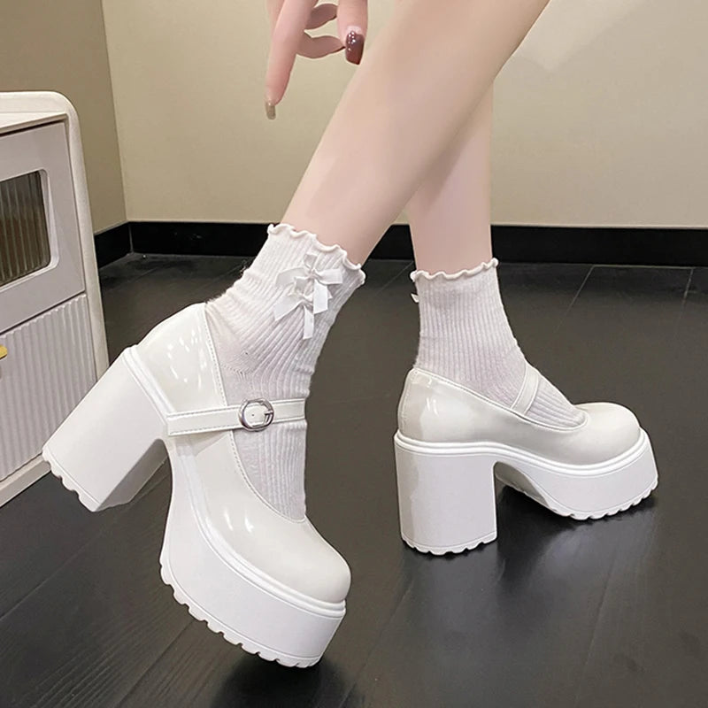 Chunky Platform High Heels Pumps Women Autumn Pu Leather Ankle Buckle Mary Jane Shoes Woman Thick Heeled White Lolita Shoes