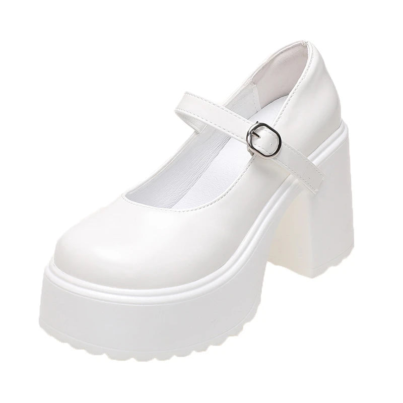 Chunky Platform High Heels Pumps Women Autumn Pu Leather Ankle Buckle Mary Jane Shoes Woman Thick Heeled White Lolita Shoes