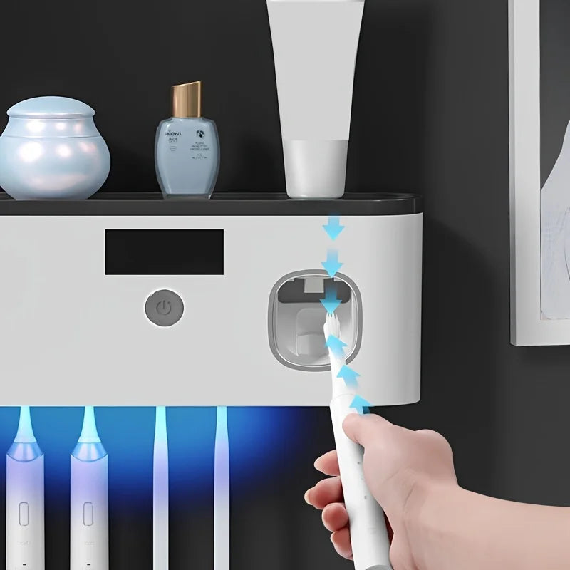 intelligent UV toothbrush sterilizer with automatic toothpaste dispenser - wall mounted, space saving, advanced UV sterilizatio