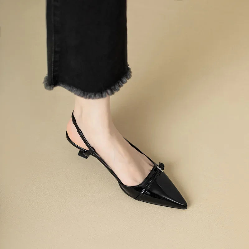 New Summer French Wine Red Pointed Patent Leather Mid-heel Overhead Sandals for Women Retro Skinny Heel Back Empty Shoes