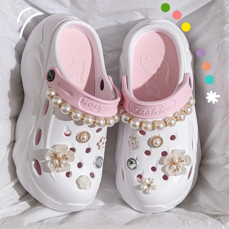 Pearl Chain Chunky Platform Sandals for Women Summer Thick Sole Beach Sandals Woman Flowers Non Slip EVA Clogs Garden Shoes