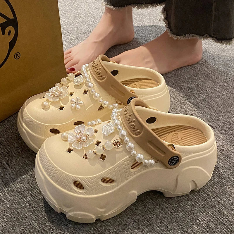 Pearl Chain Chunky Platform Sandals for Women Summer Thick Sole Beach Sandals Woman Flowers Non Slip EVA Clogs Garden Shoes