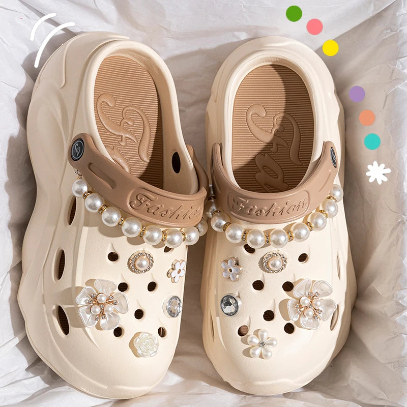Pearl Chain Chunky Platform Sandals for Women Summer Thick Sole Beach Sandals Woman Flowers Non Slip EVA Clogs Garden Shoes