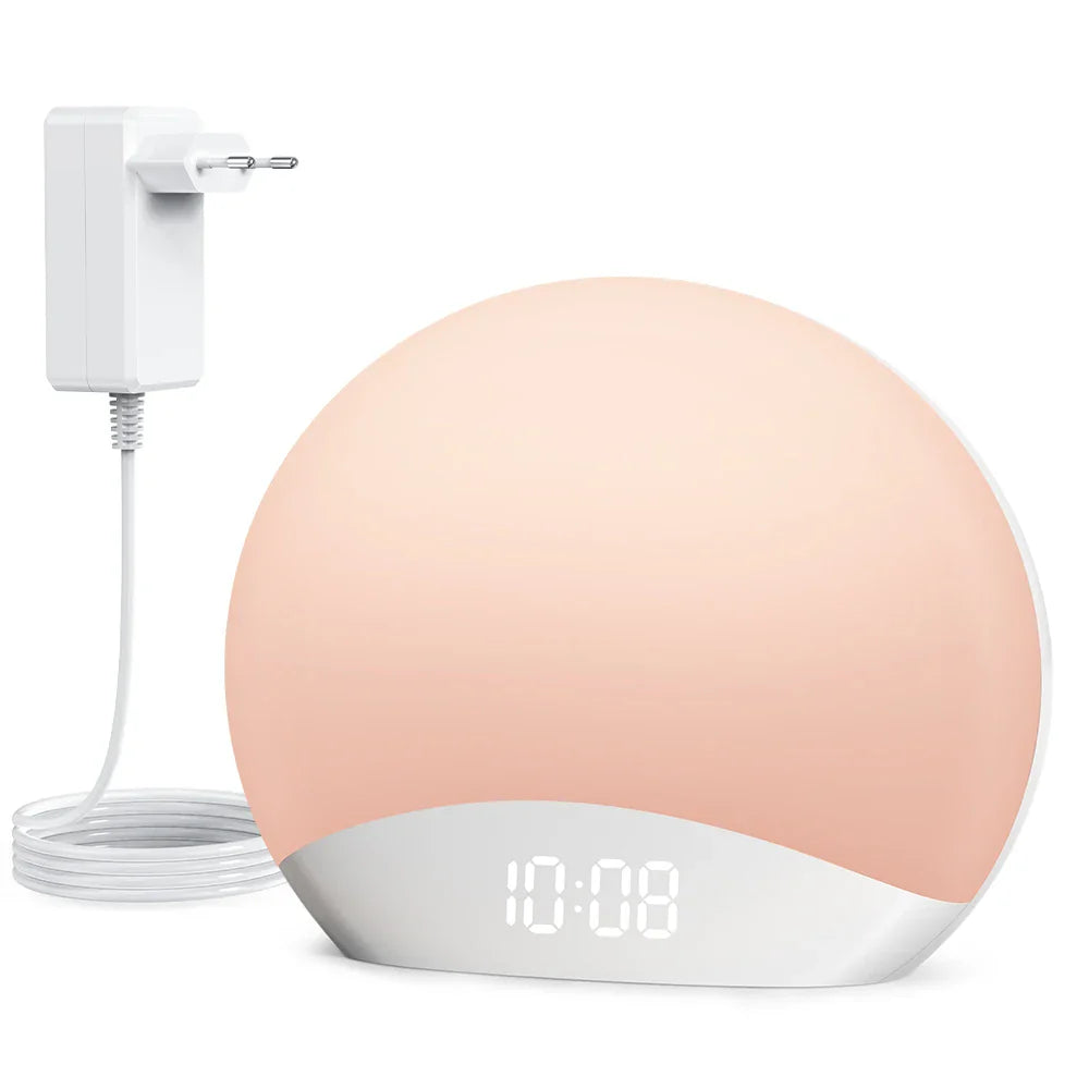 REACHER  Sunrise Alarm Clock Table Clock Dimmable with 3 Ring 8 Nightlight 26 Sound Countdown Timer Night Light Sunlight Wake Up