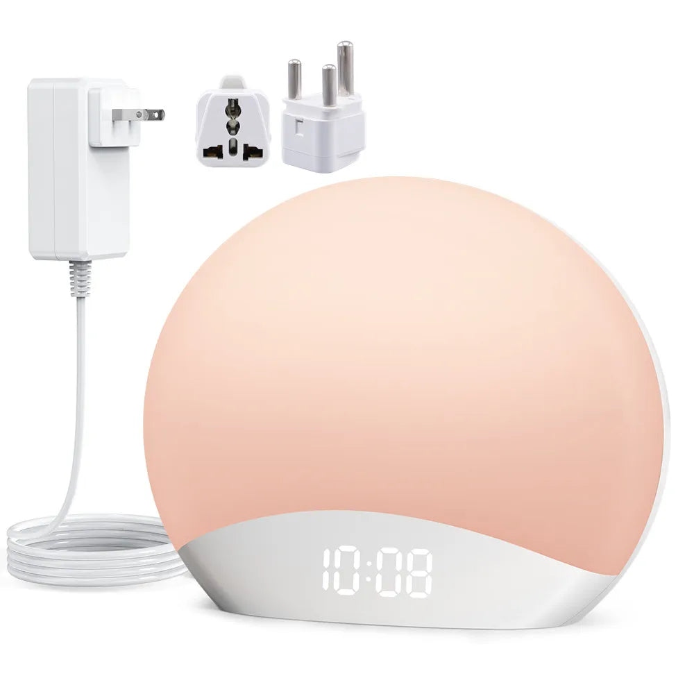 REACHER  Sunrise Alarm Clock Table Clock Dimmable with 3 Ring 8 Nightlight 26 Sound Countdown Timer Night Light Sunlight Wake Up