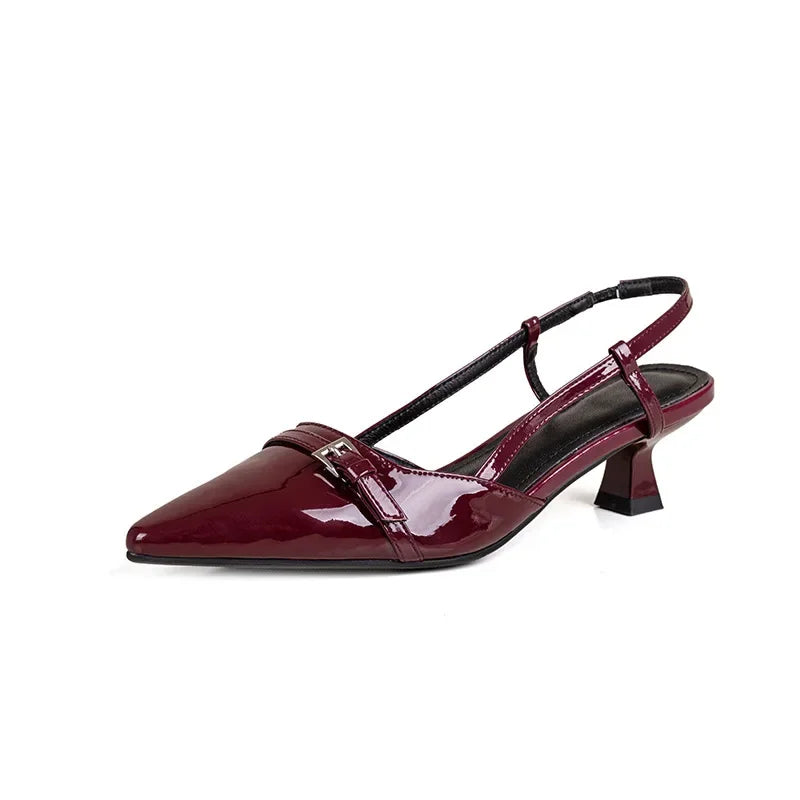 New Summer French Wine Red Pointed Patent Leather Mid-heel Overhead Sandals for Women Retro Skinny Heel Back Empty Shoes